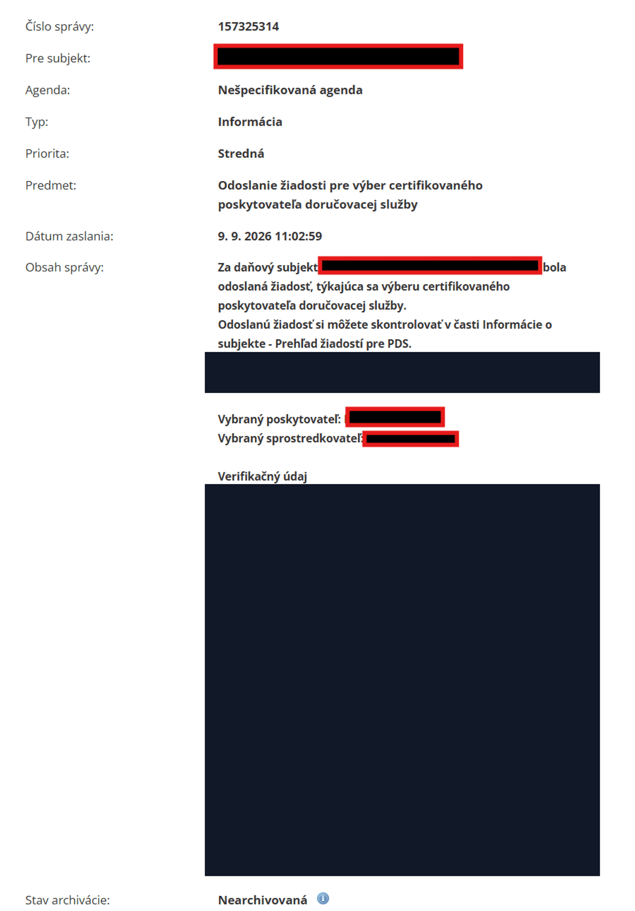 Detail správy s poľami Vybraný poskytovateľ, Vybraný sprostredkovateľ a popisom Verifikačný údaj; samotná hodnota je na obrázku prekrytá.